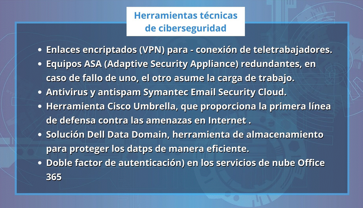 Enlaces encriptados (VPN), Equipos ASA, antivirus, Cisco Umbrella, Dell Data Domain, doble factor de autenticación.
